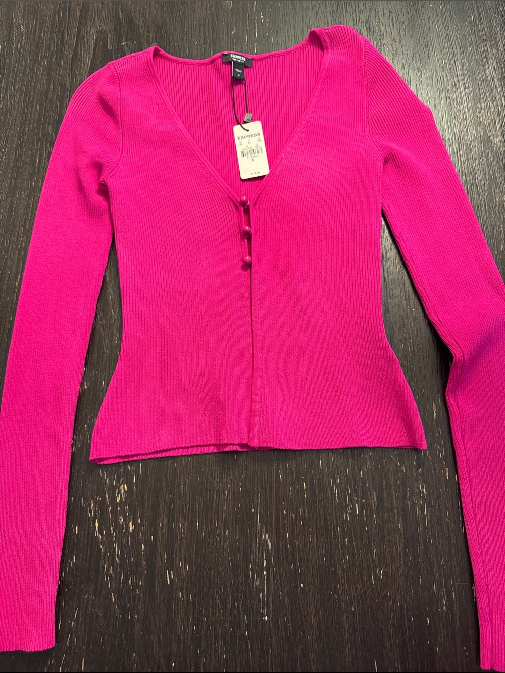 Express Women's Bright Fuchsia Ribbed V-Neck Button Cardigan